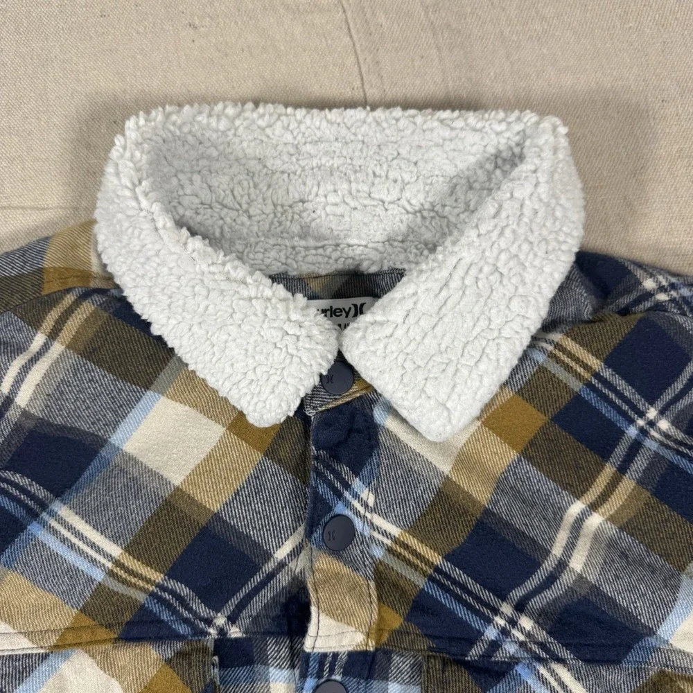 Hurley Jacket Mens Medium‎ Blue Plaid Snap Up Fleece Lined Flap Pockets